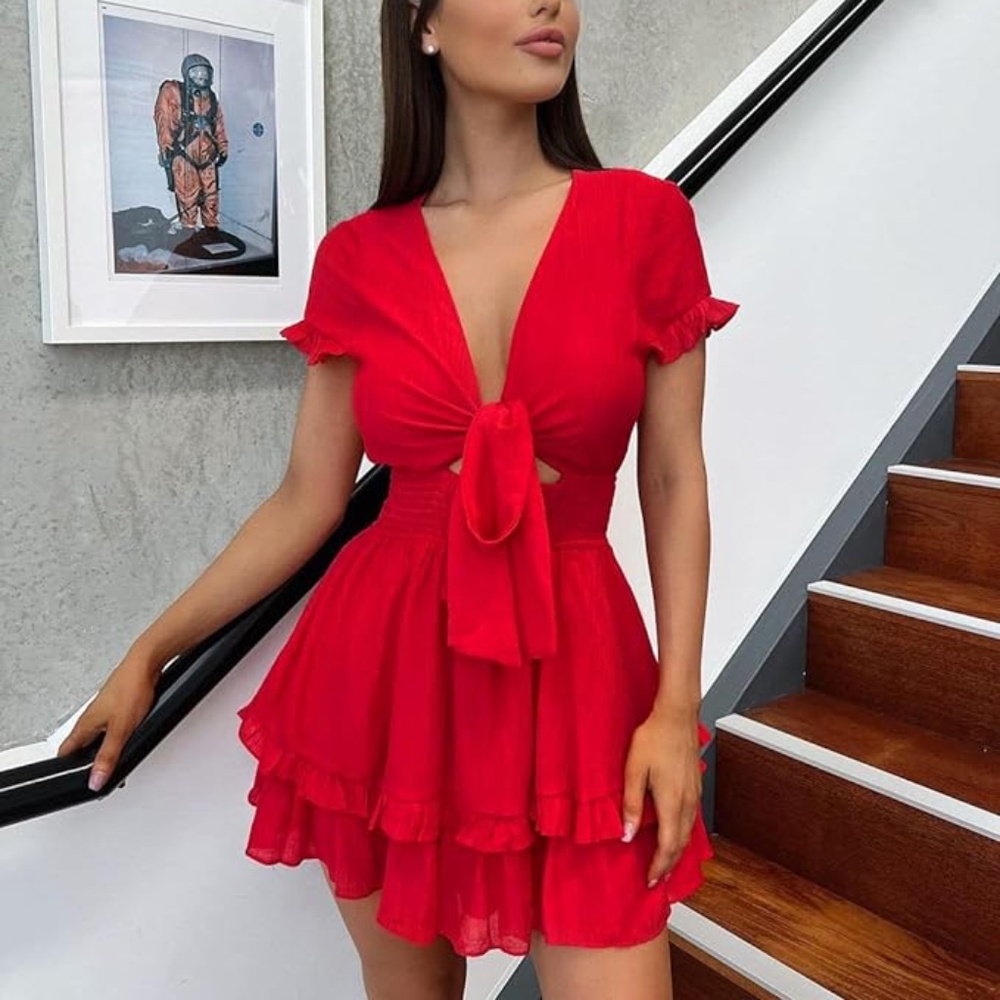 PRETTYGARDEN Summer Swing Mini Dress with Tie Front & V Neck